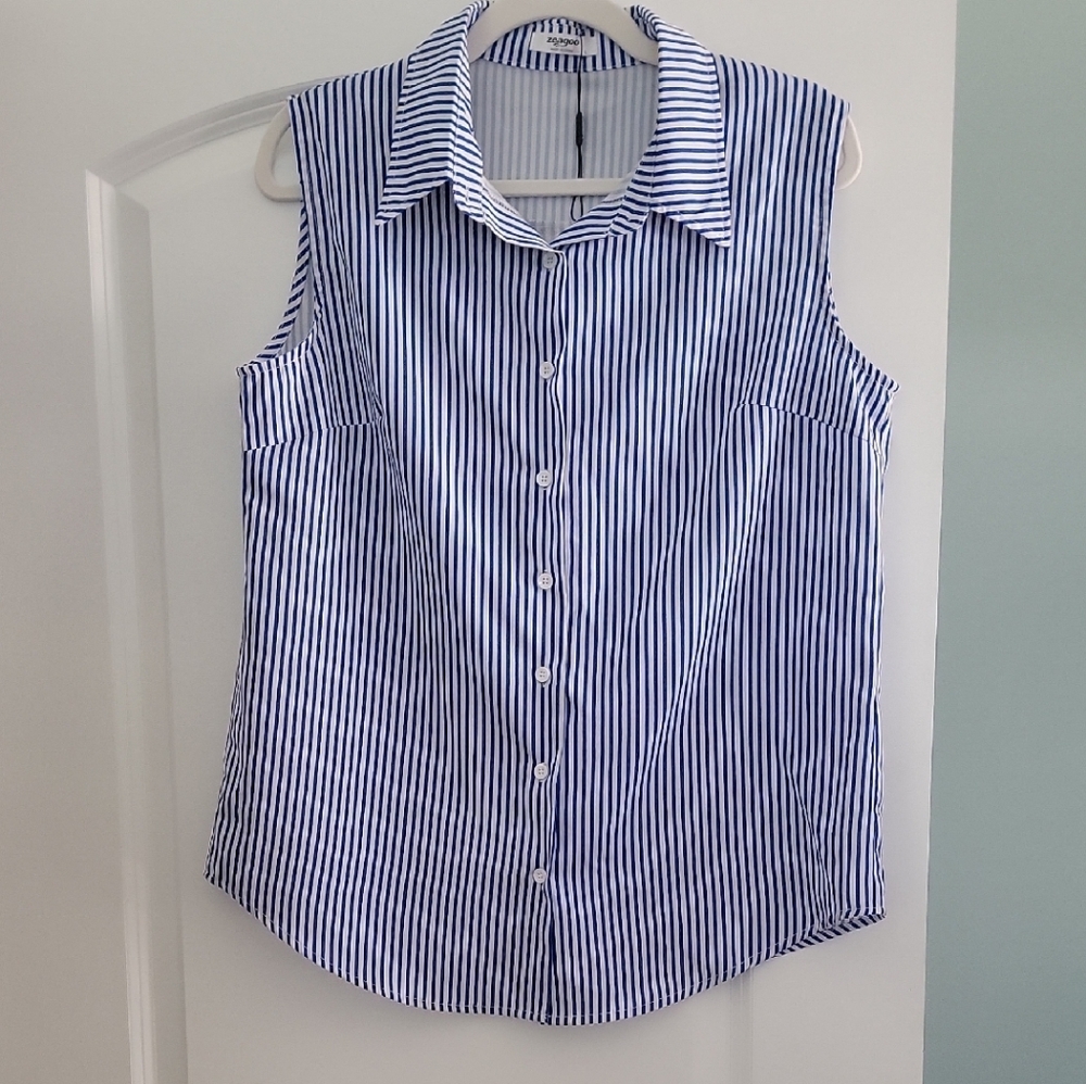 Zeagoo Navy and White Striped Sleeveless Blouse